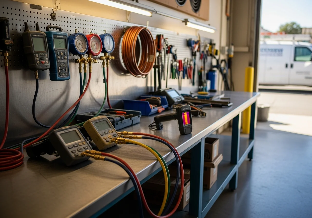 HVAC technician tools and equipment on a workbench, ready for service calls.