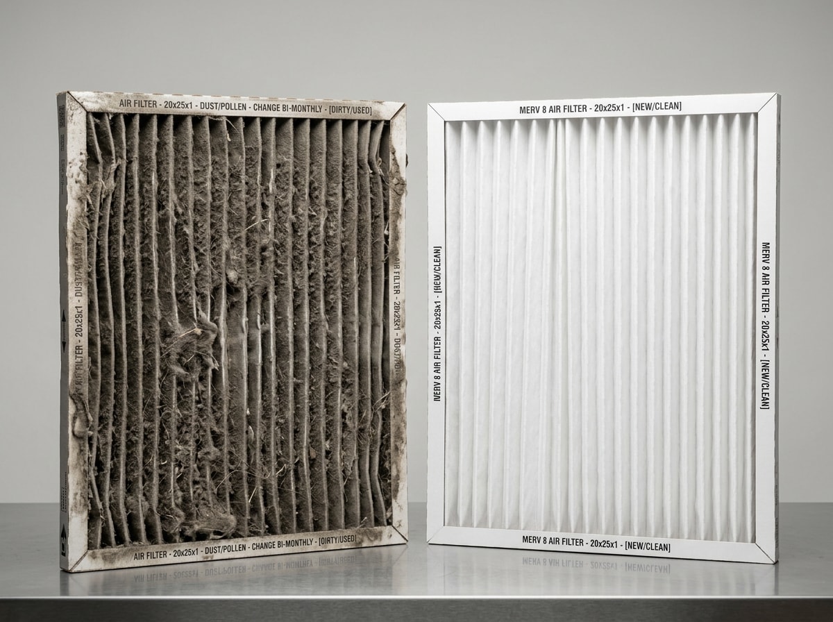 Dirty furnace filter compared to a clean air filter causing AC airflow restriction