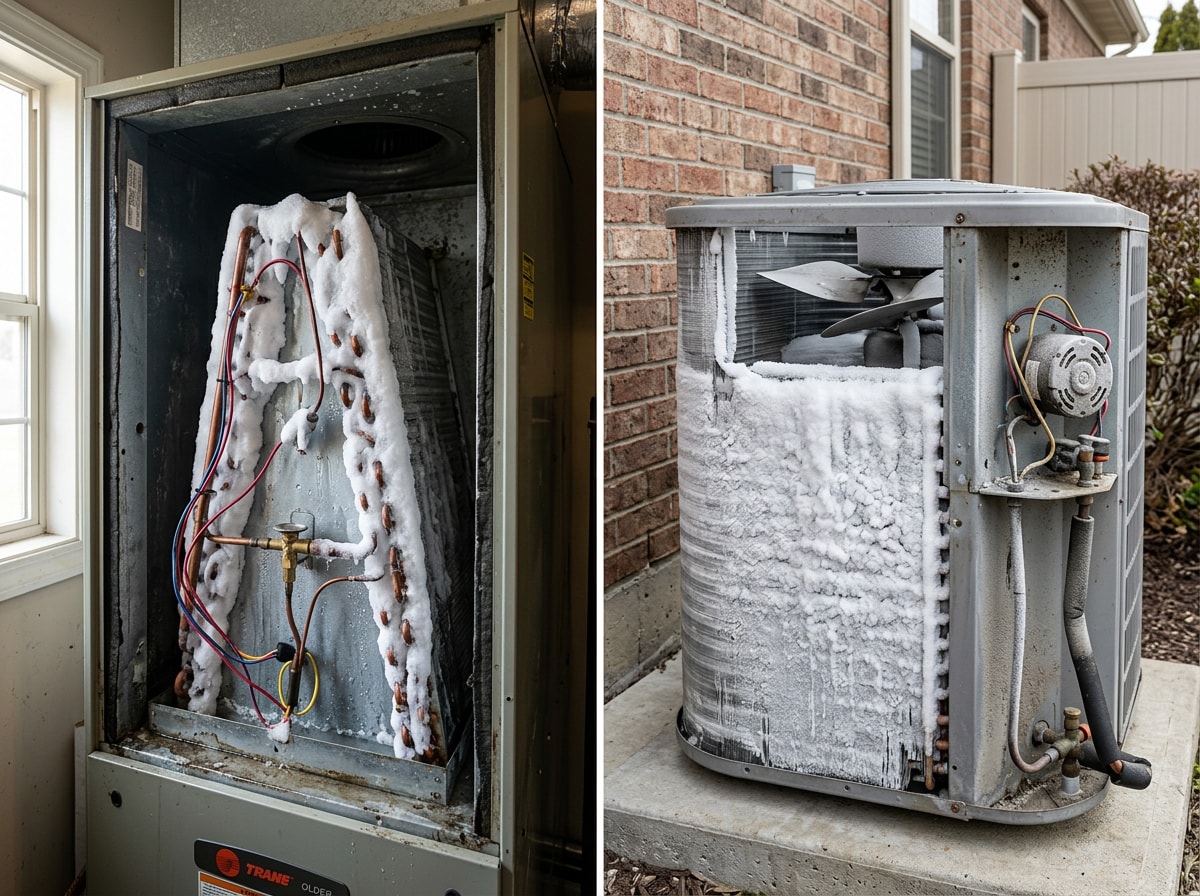 Side-by-side comparison of ice on an indoor evaporator coil versus an outdoor condenser unit