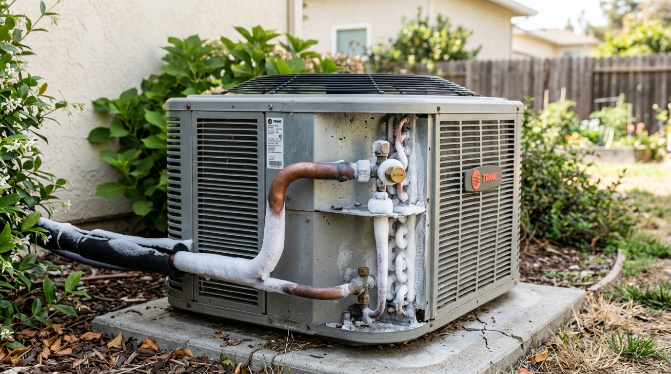 Outdoor air conditioner unit with ice buildup on the coil and refrigerant lines