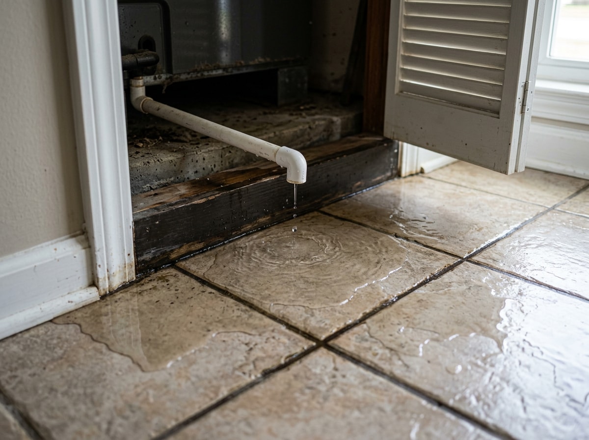 Water pooling on the floor near an indoor AC air handler in a Los Gatos home