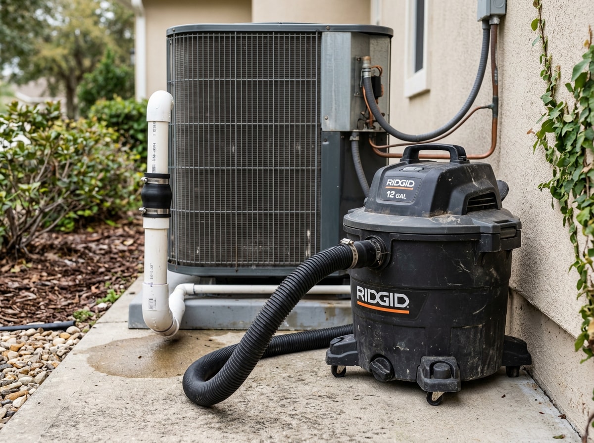 Condensate drain line being cleared with a wet/dry vacuum at an outdoor HVAC unit