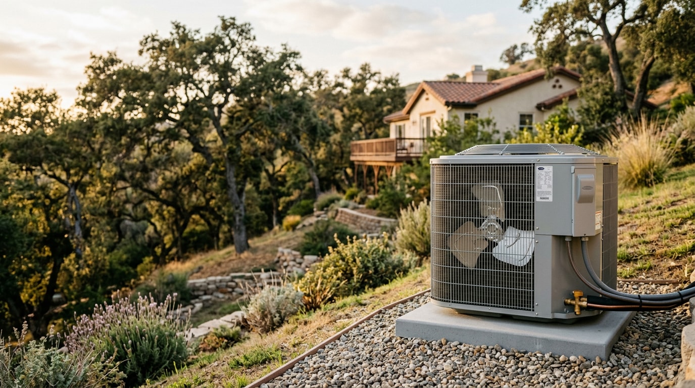 Outdoor AC condenser unit at a hillside home in Los Gatos, CA Outdoor AC condenser unit at a hillside home in Los Gatos, CA