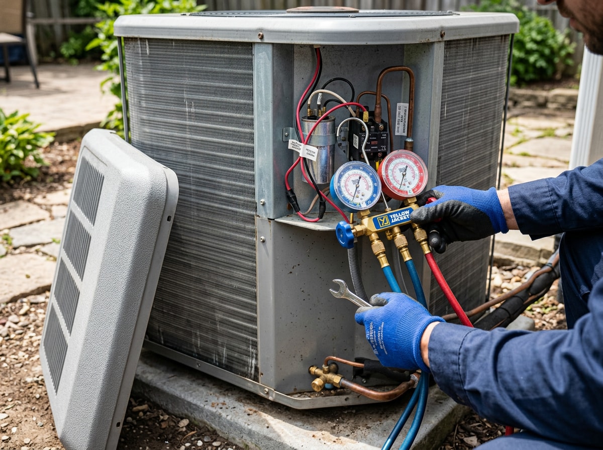 Technician performing ac maintenance Mountain View CA service on an outdoor condenser unit