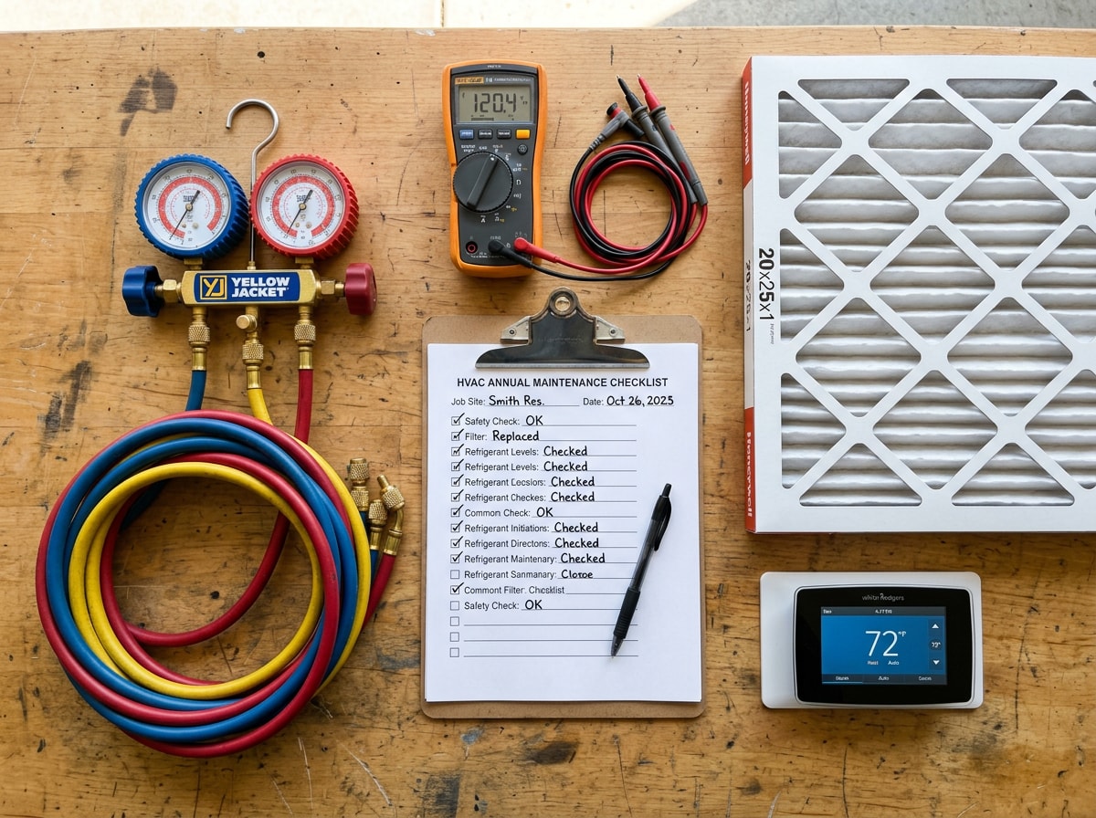 AC tune-up checklist showing refrigerant, coil, thermostat, and filter inspection points