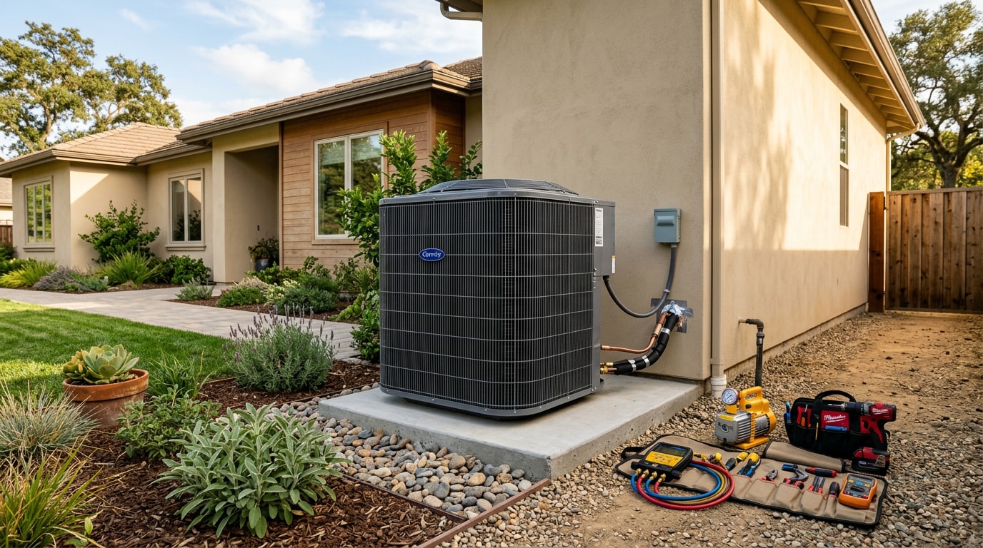 Outdoor air conditioner condenser unit maintained at a Mountain View, CA home