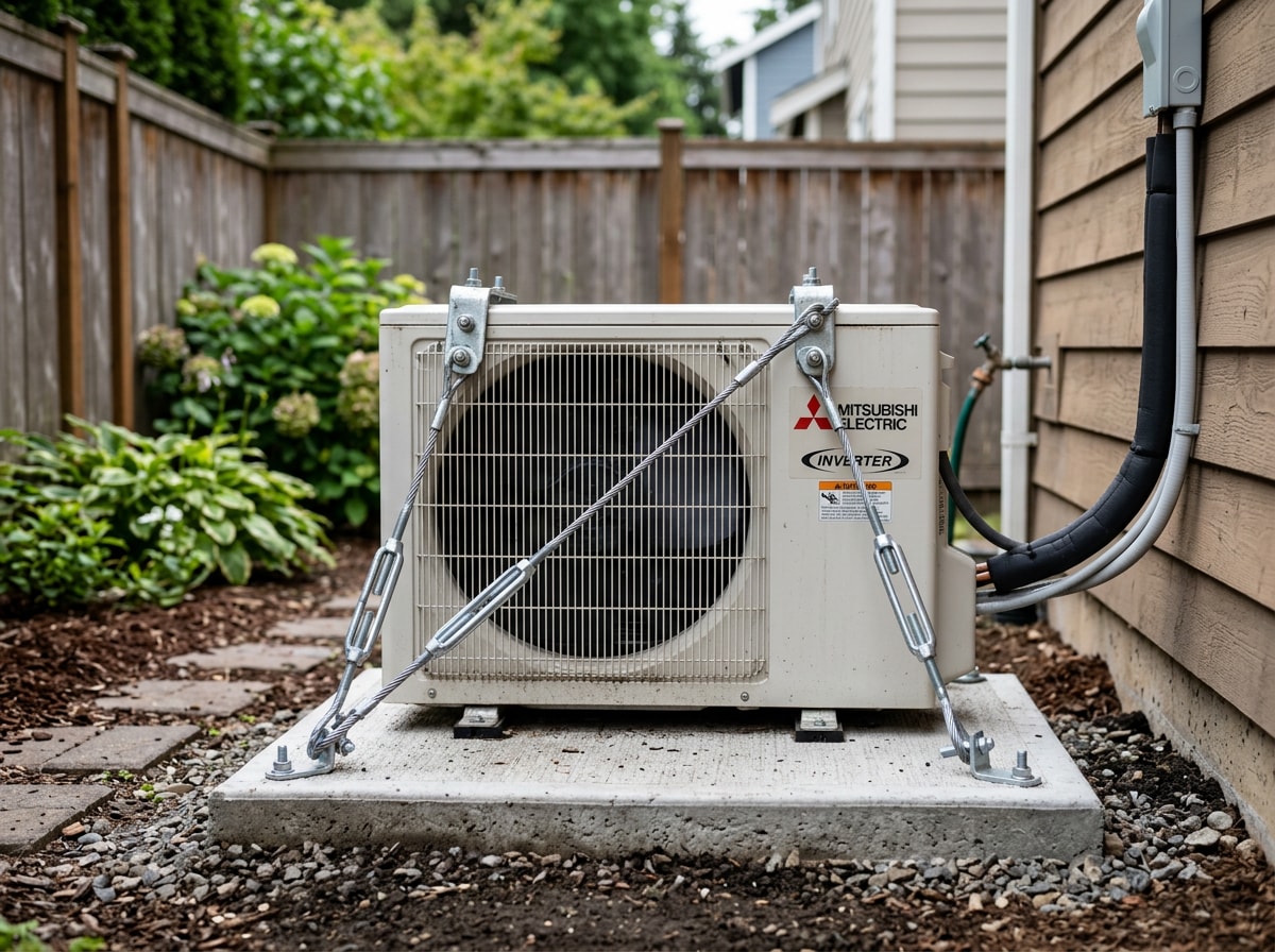 Outdoor mini split condenser mounted on a pad with seismic strapping in a Cupertino backyard