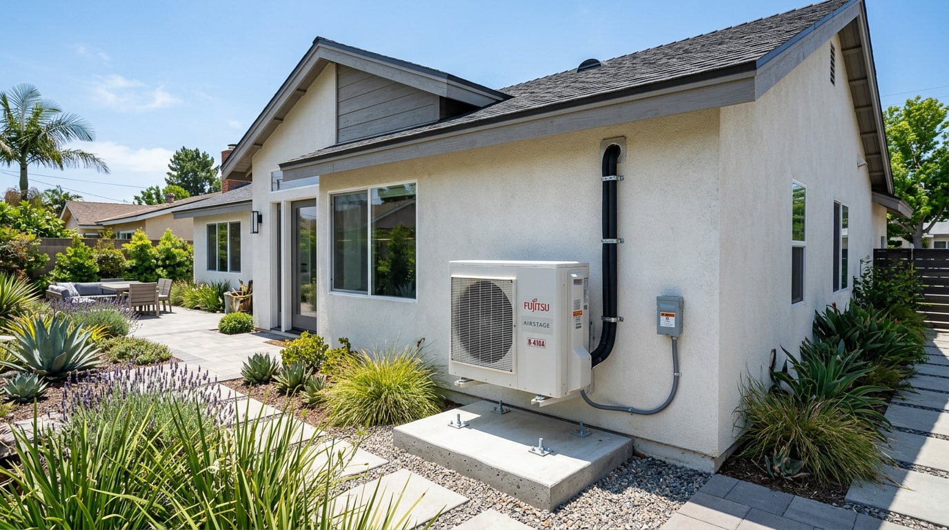Ductless mini split outdoor condenser installed outside a Cupertino, CA home Ductless mini split outdoor condenser installed outside a Cupertino, CA home