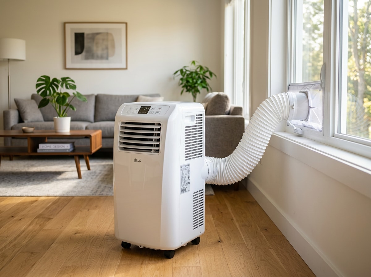 Portable AC rental unit set up in a bright living room with exhaust hose running to a window