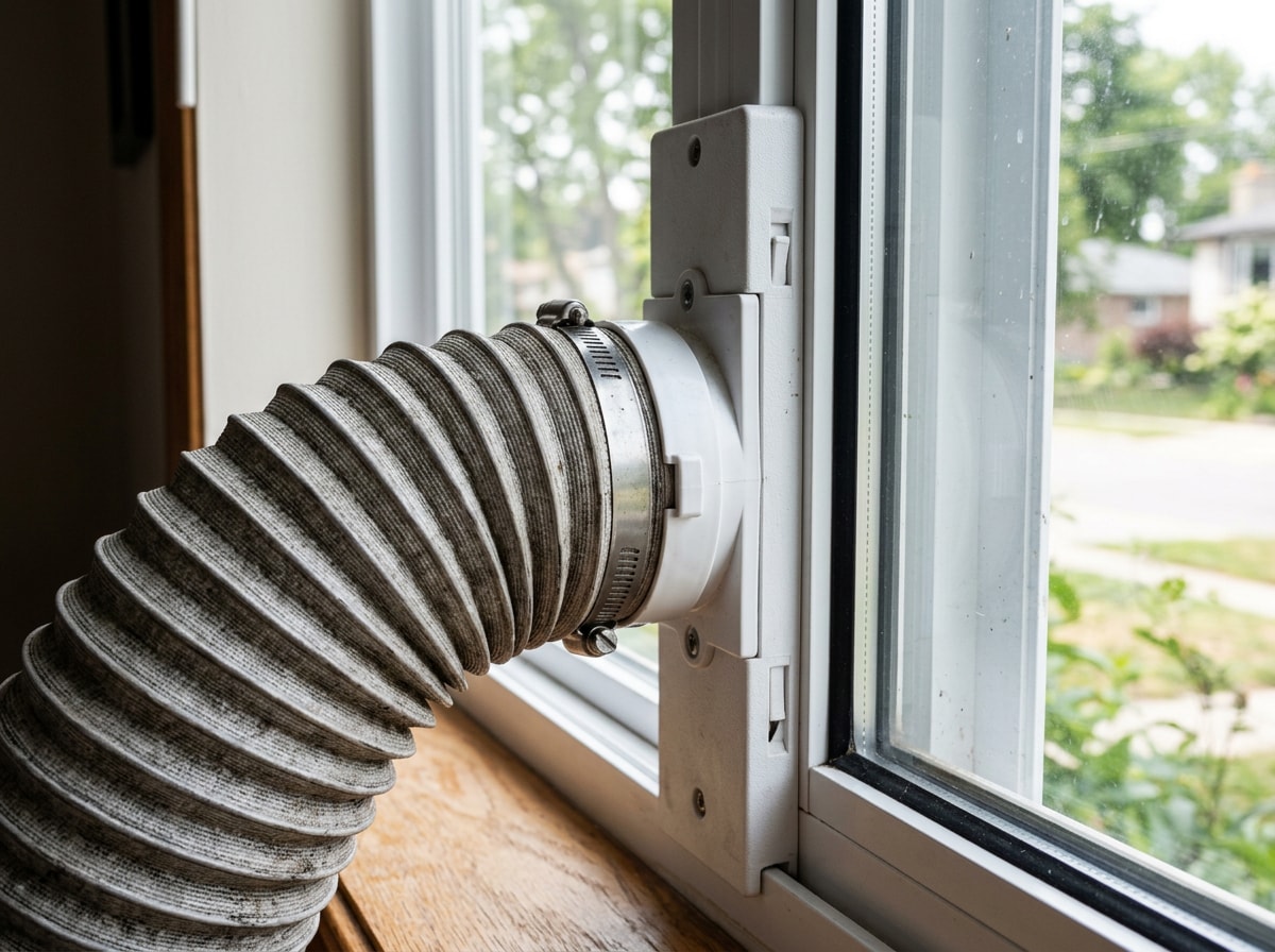 Close-up of an exhaust hose and window vent kit on a portable air conditioner