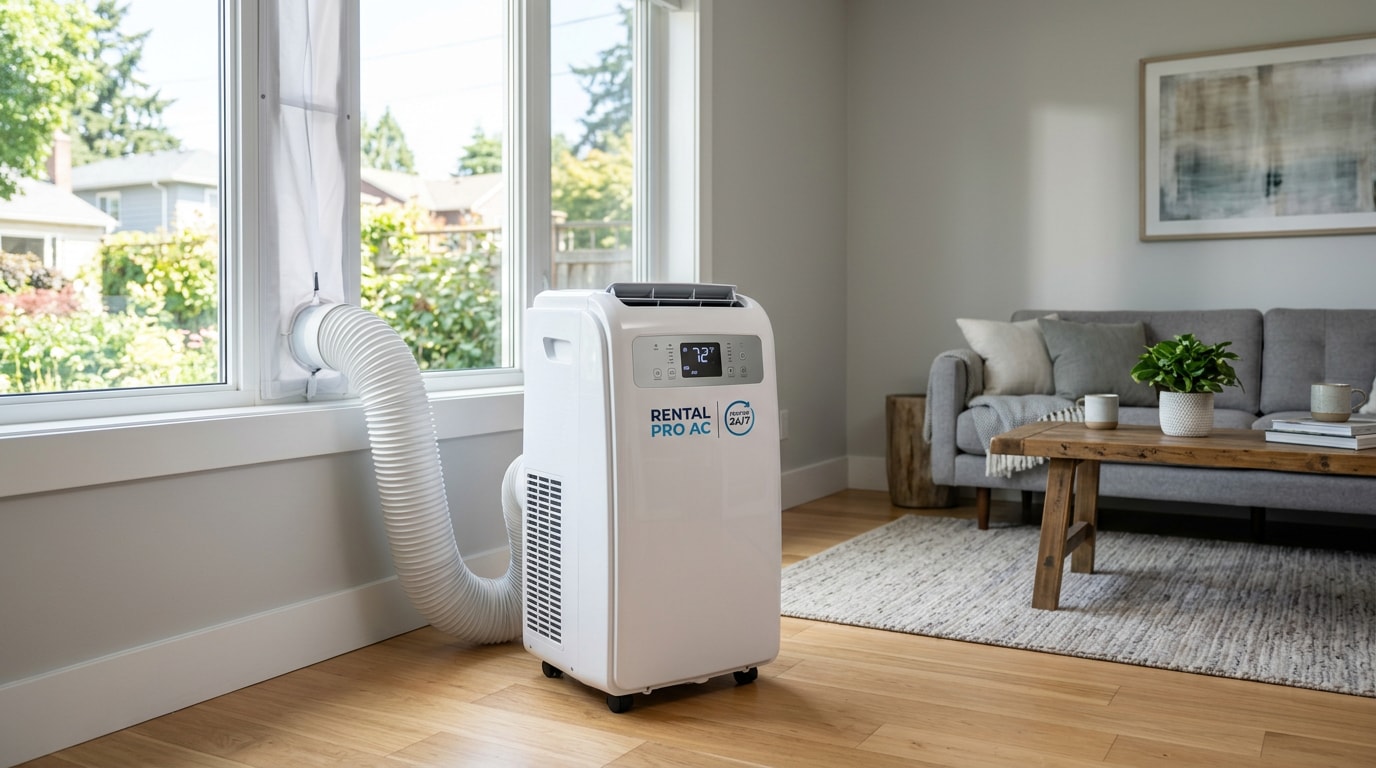 Portable AC rental unit set up in a Palo Alto home with exhaust hose vented through a window Portable AC rental unit set up in a Palo Alto home with exhaust hose vented through a window
