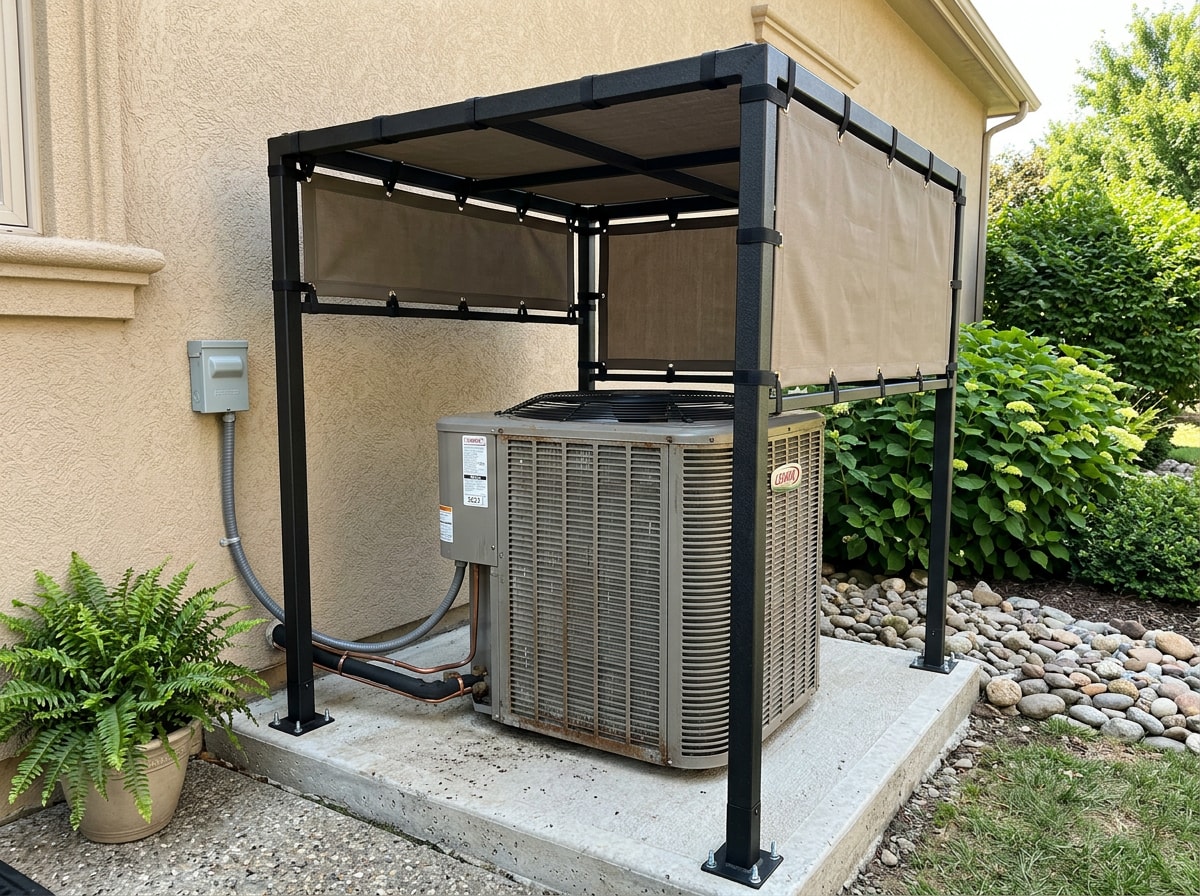 Modular steel-frame AC shade kit installed over a residential condenser with open sides for airflow