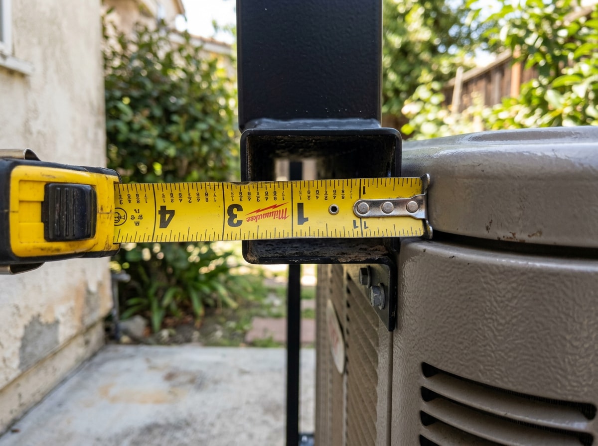 Close-up of a technician measuring clearance space between an installed AC shade frame and the condenser cabinet