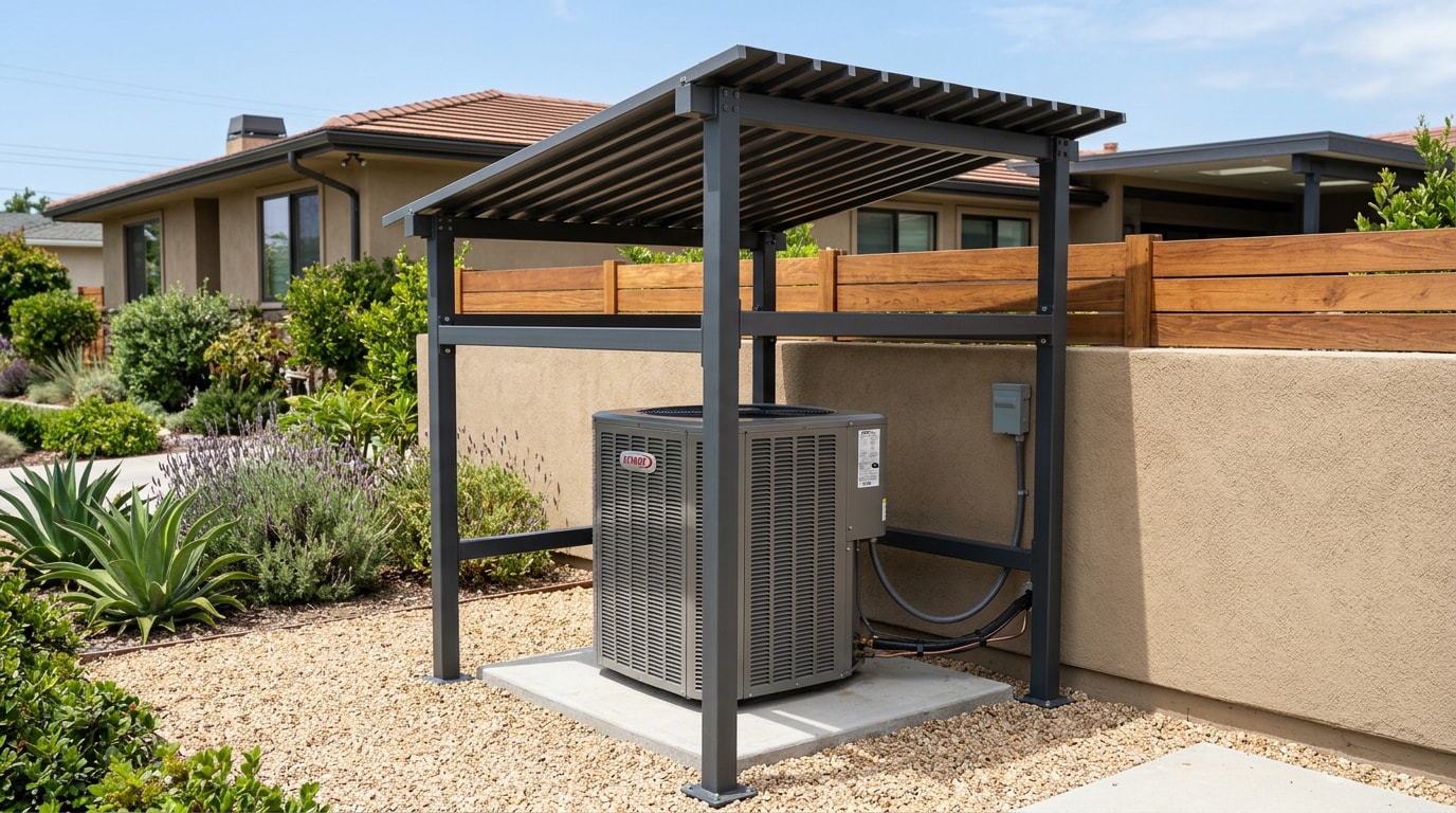 AC shade kit installed over a residential condenser unit in a Santa Clara, CA backyard AC shade kit installed over a residential condenser unit in a Santa Clara, CA backyard