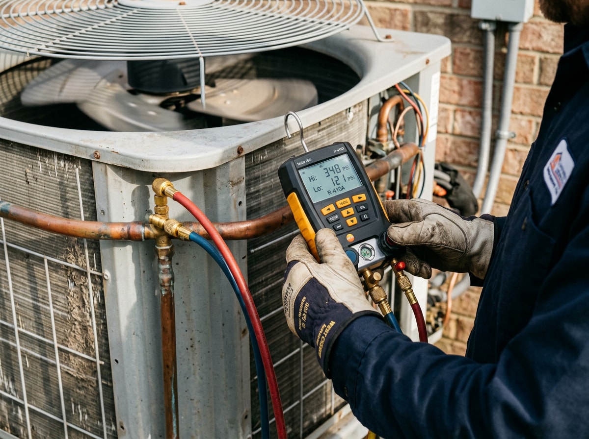 HVAC technician performing a diagnostic air conditioning inspection on an outdoor condenser unit in Santa Clara, CA