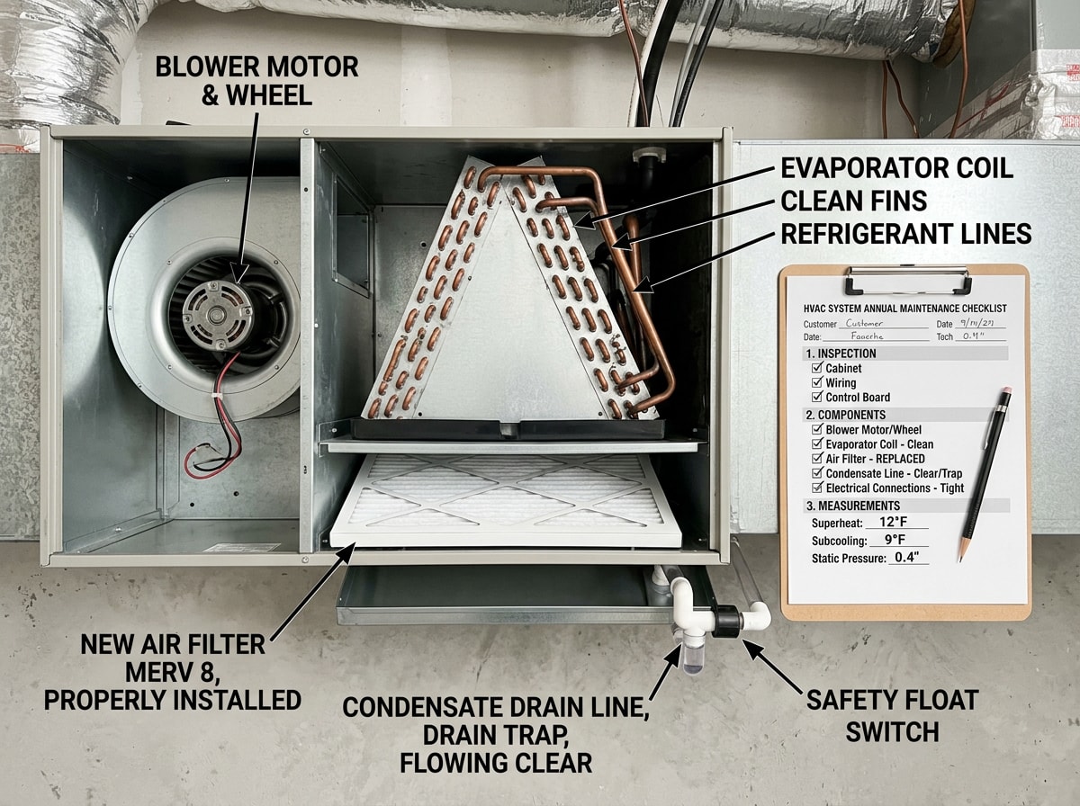AC inspection checklist graphic showing evaporator coil, refrigerant, and electrical component checkpoints