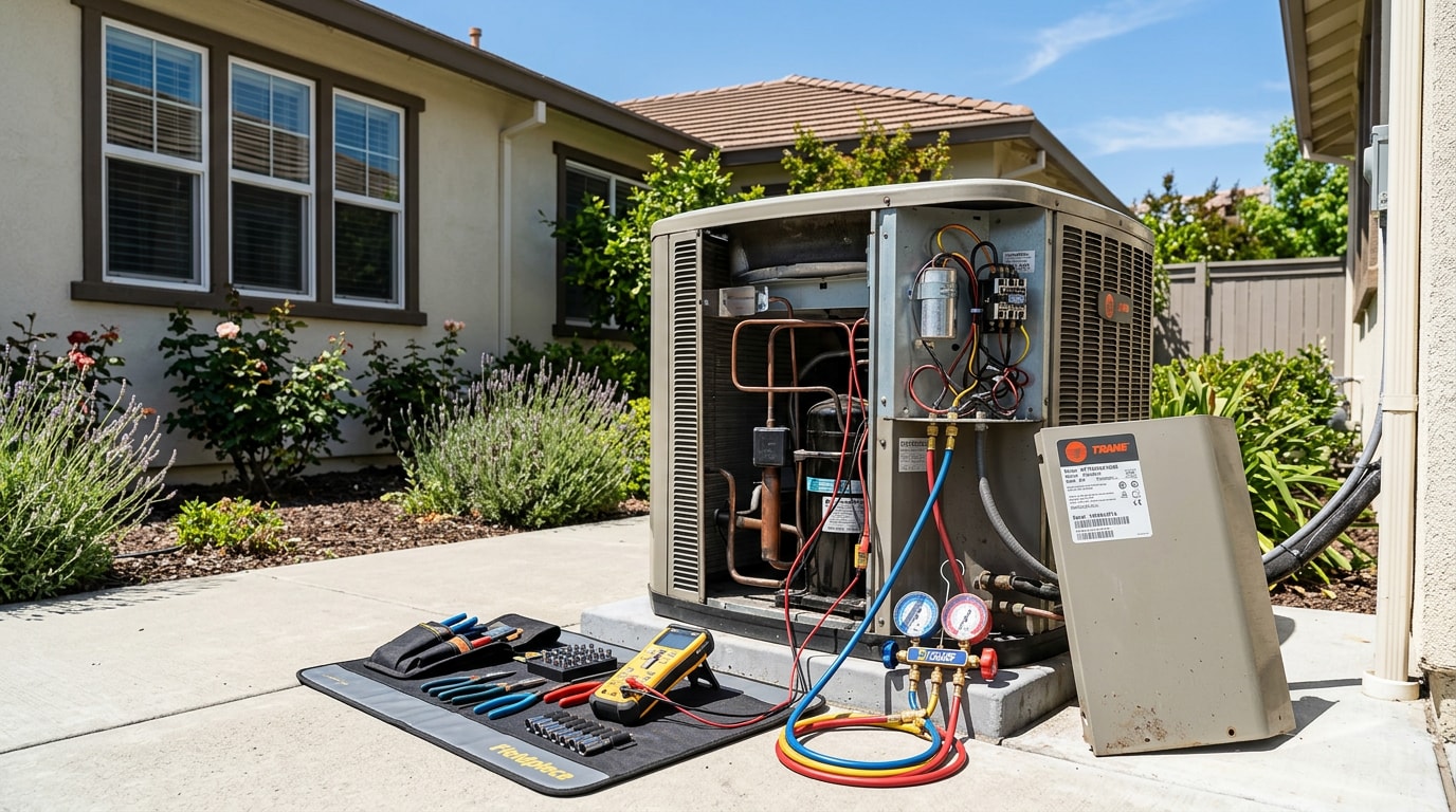 Outdoor air conditioning condenser unit prepared for a professional inspection in Santa Clara, CA