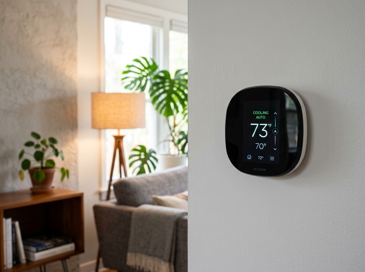 Outdoor condenser unit with digital smart thermostat display inside a modern home, finished installation, no people