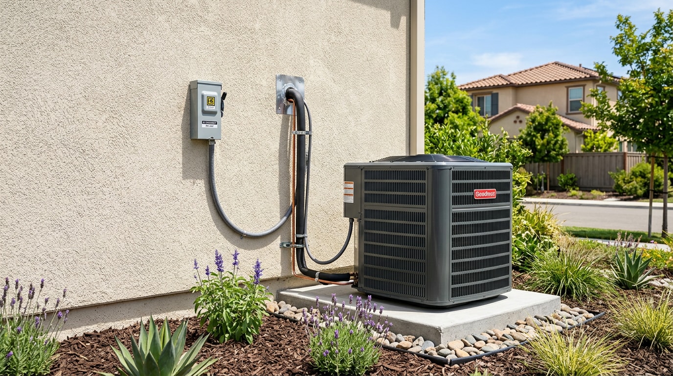 Residential air conditioning condenser unit installed outside a Sunnyvale, CA home