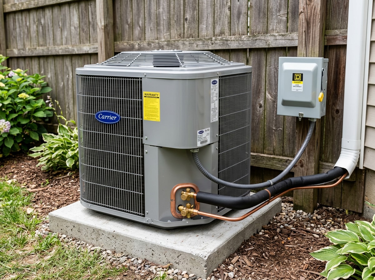 Technician installing an outdoor condenser unit for central air conditioning in a Los Gatos backyard