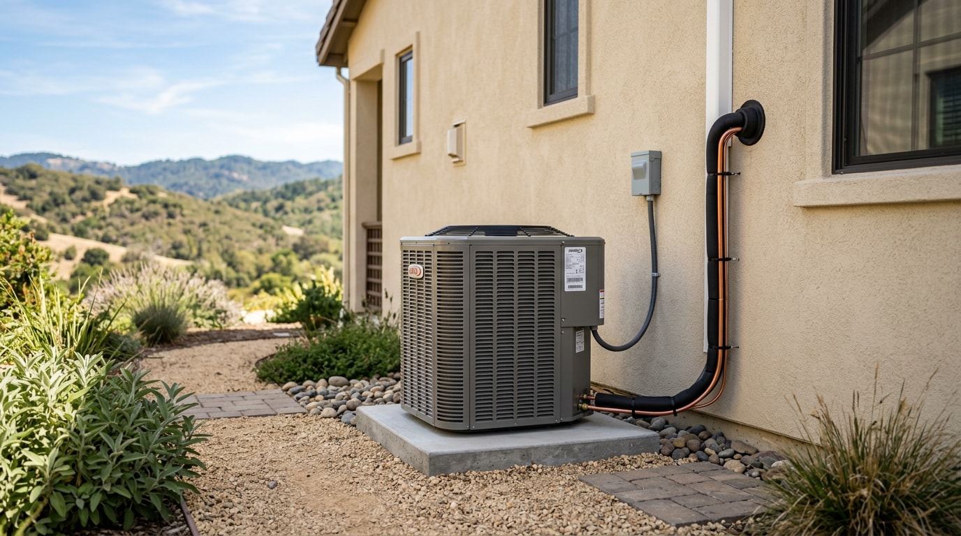 New central air conditioning condenser unit installed outside a Los Gatos, CA home