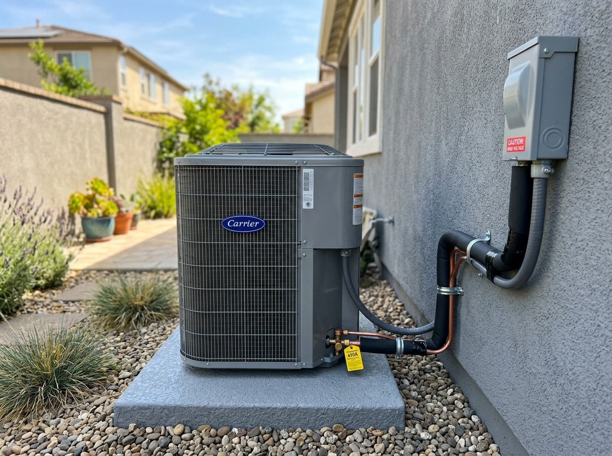 Technician installing a residential central air conditioning condenser unit outside a Cupertino home