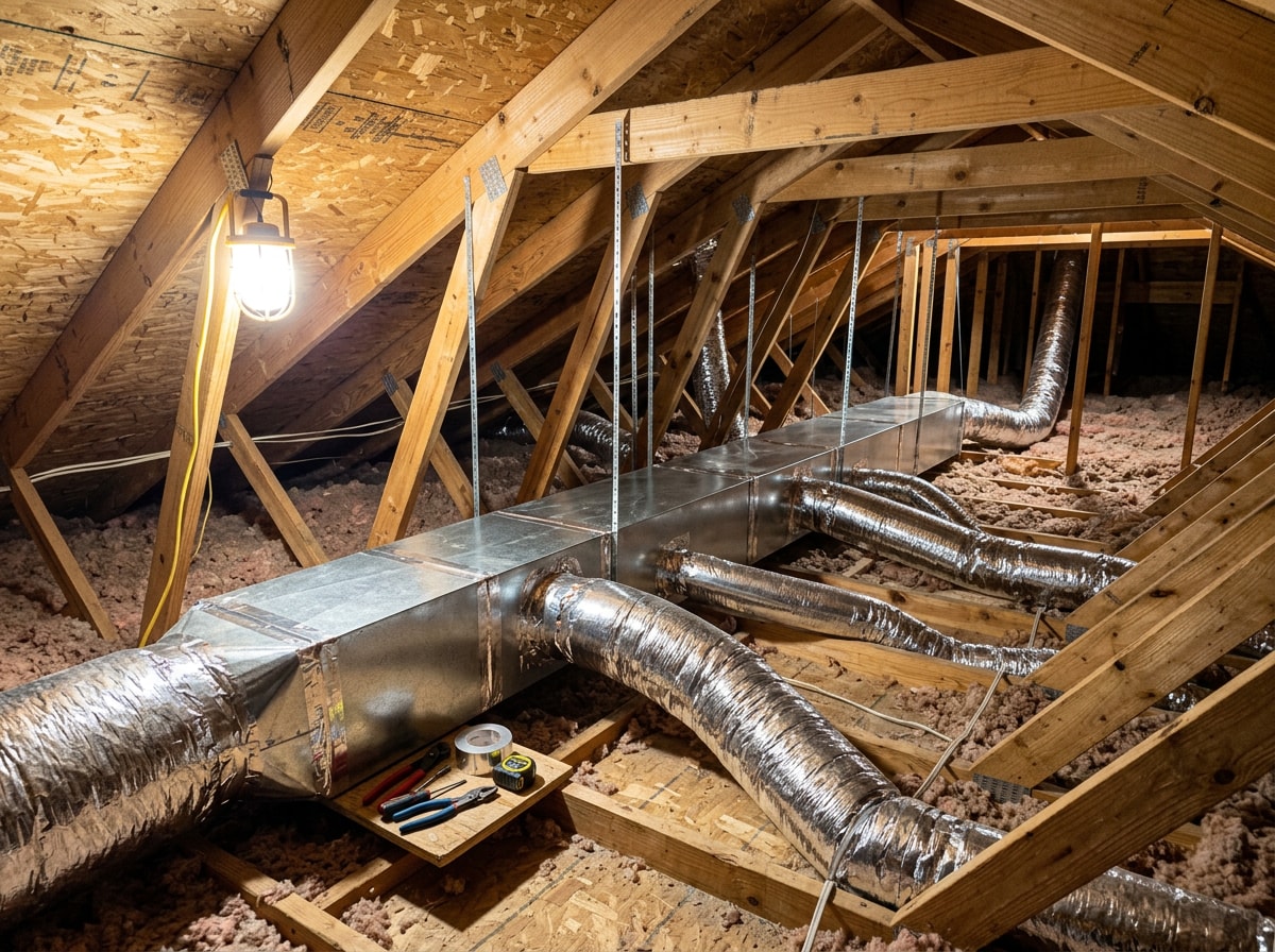 Ductwork and attic installation work during a central air conditioning upgrade in a Cupertino home