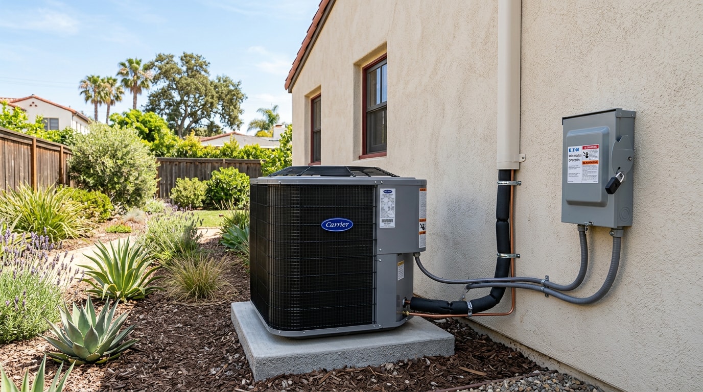 Central air conditioning condenser unit installed outside a Cupertino, CA home Central air conditioning condenser unit installed outside a Cupertino, CA home