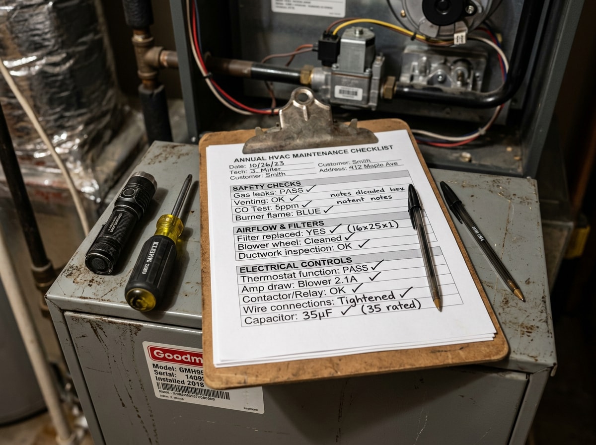 Technician checklist showing furnace safety, airflow, and electrical control categories during a tune-up