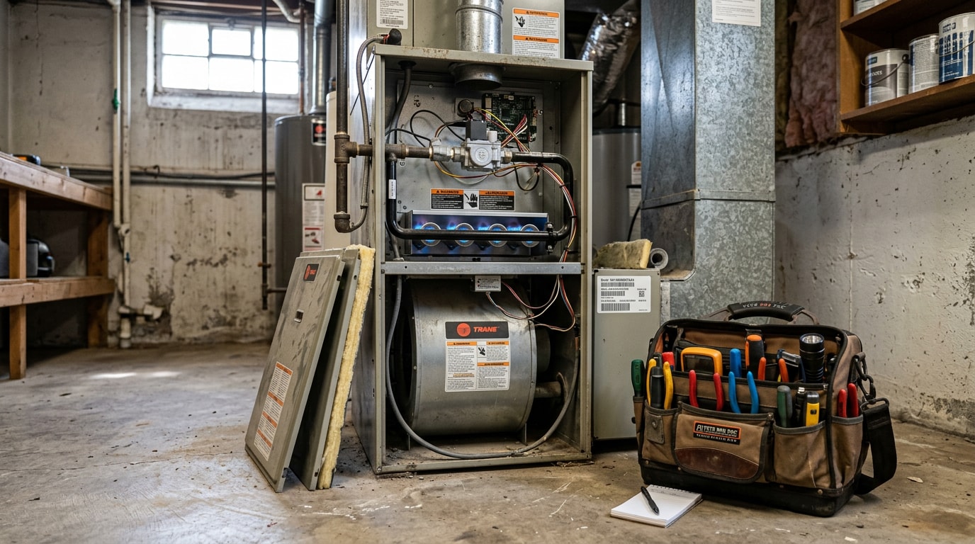 Residential furnace with access panel open during a heating system maintenance visit