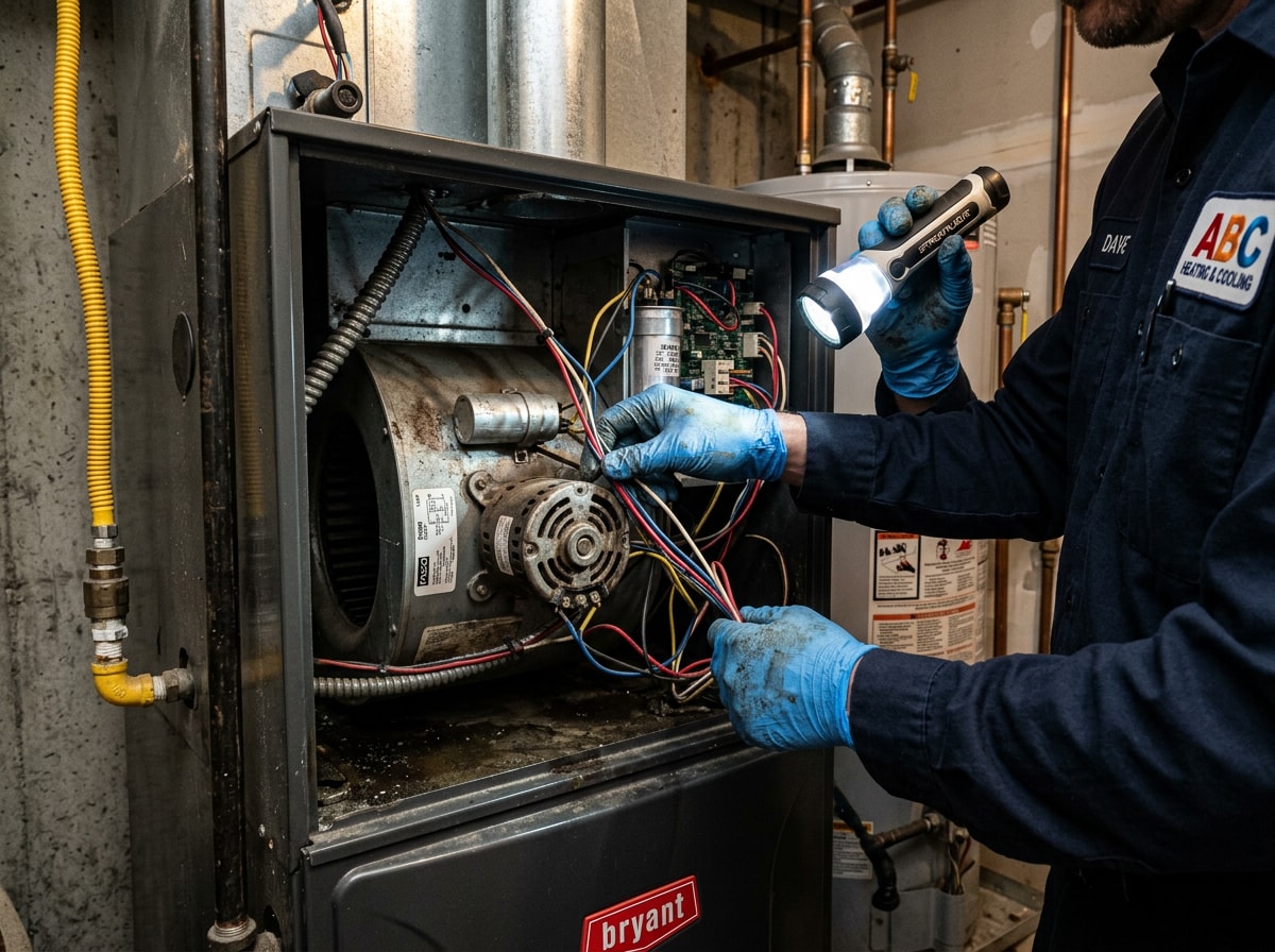 HVAC technician inspecting a furnace blower assembly in a Redwood City home