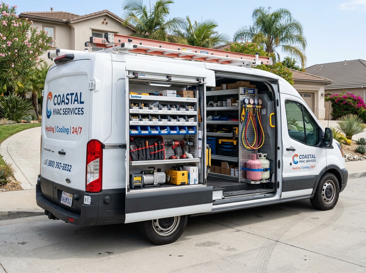 Fully stocked HVAC service van parked outside a Redwood City residence