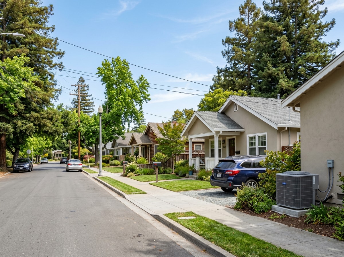 Street-level view of a residential Redwood City neighborhood with HVAC condenser units
