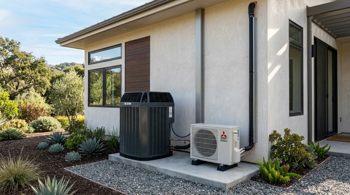 Residential HVAC condenser and heat pump unit installed outside a Redwood City home Residential HVAC condenser and heat pump unit installed outside a Redwood City home