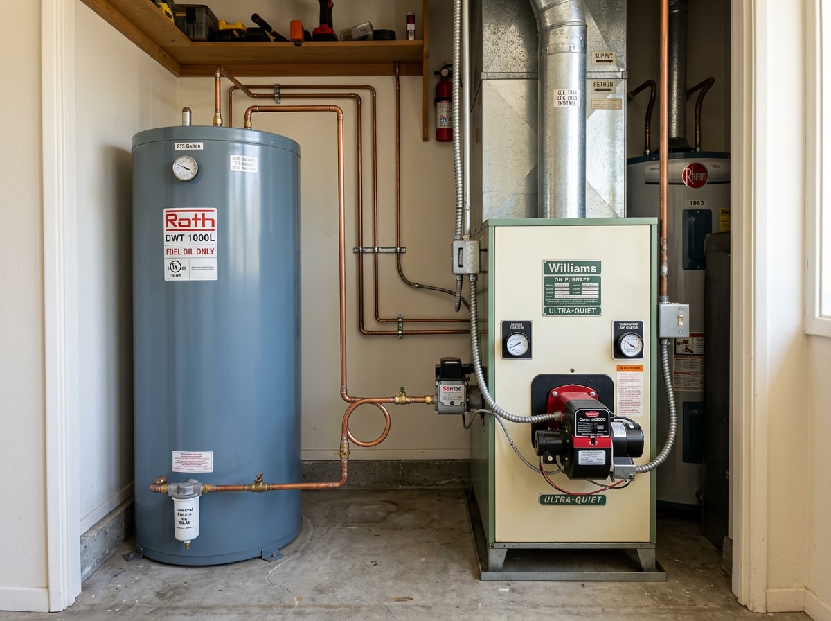 Oil furnace and storage tank in the utility closet of an older Palo Alto home