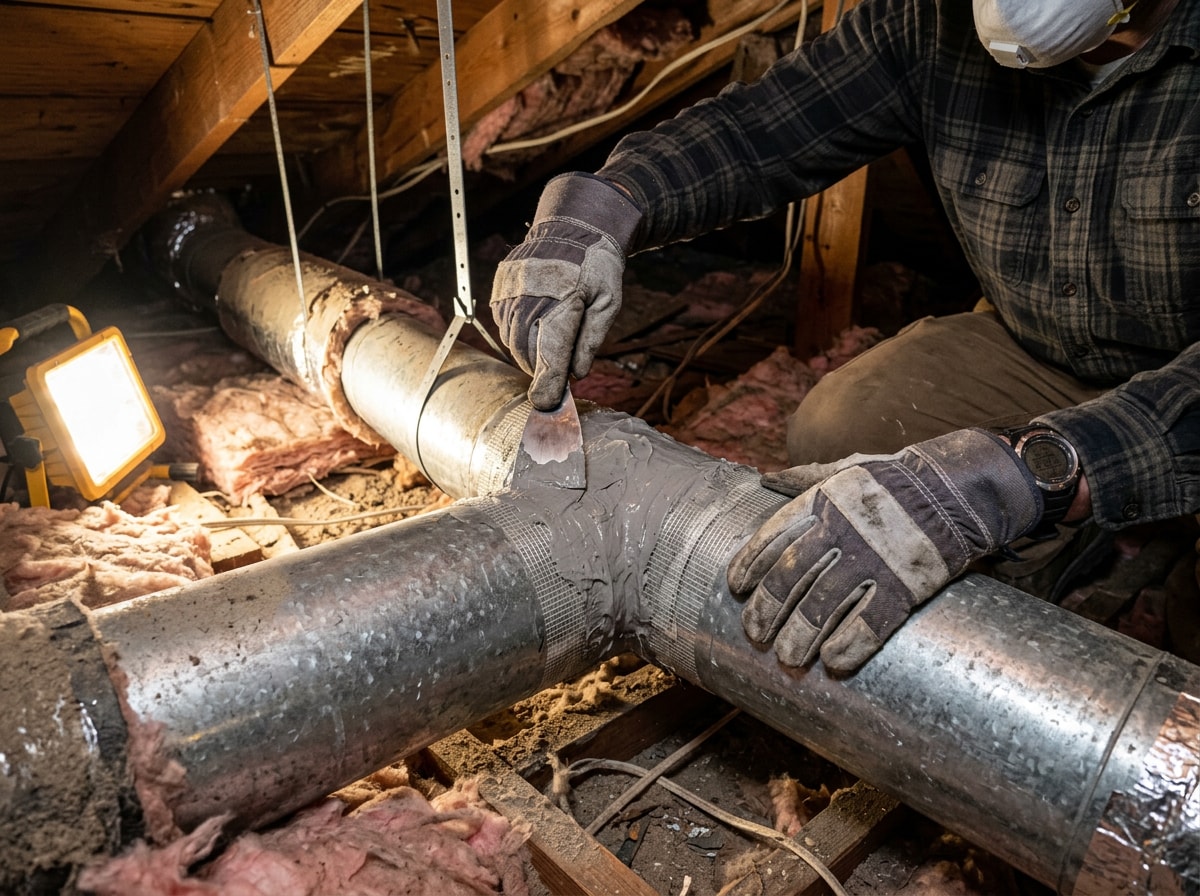 Technician sealing ductwork joints in the attic of an older Bay Area home