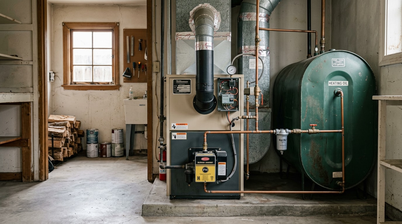 Oil heating system installed in the utility room of a Palo Alto home