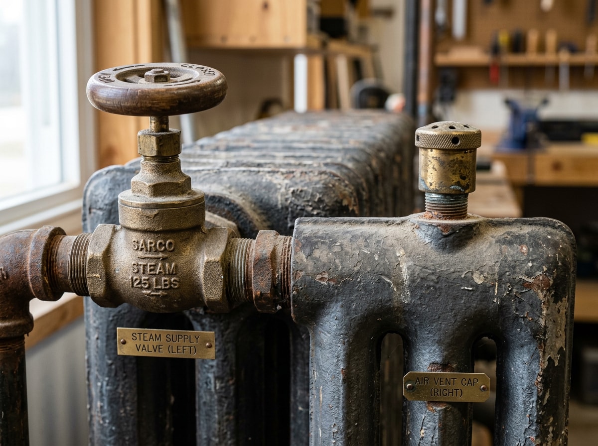Labeled close-up of a steam radiator supply valve and air vent side by side