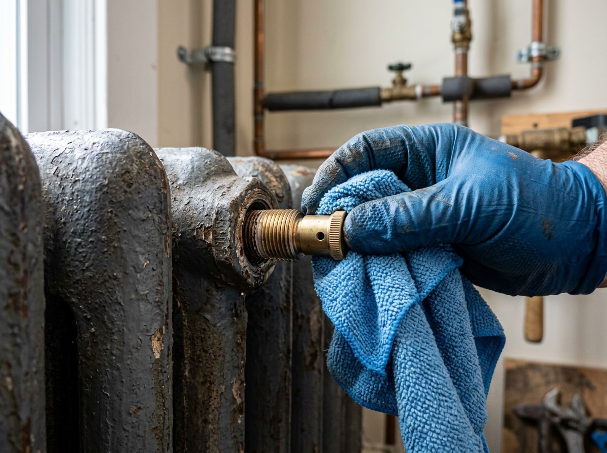 Hand unscrewing an old steam radiator air vent with a cloth for grip