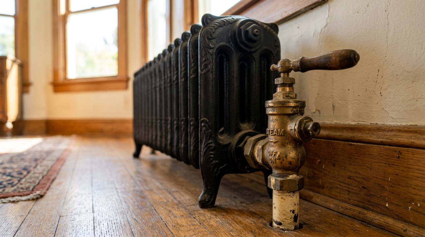 Cast iron steam radiator with brass supply valve in an older Redwood City home