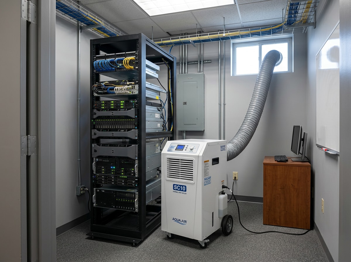 Portable spot cooler unit staged next to server equipment in a commercial office