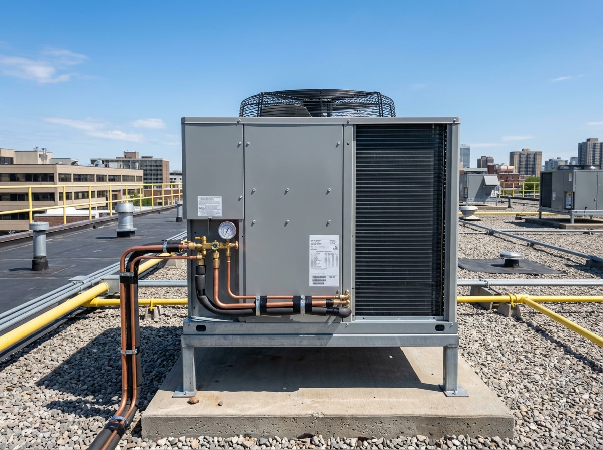 Outdoor condenser unit after a completed air conditioning repair on a commercial rooftop
