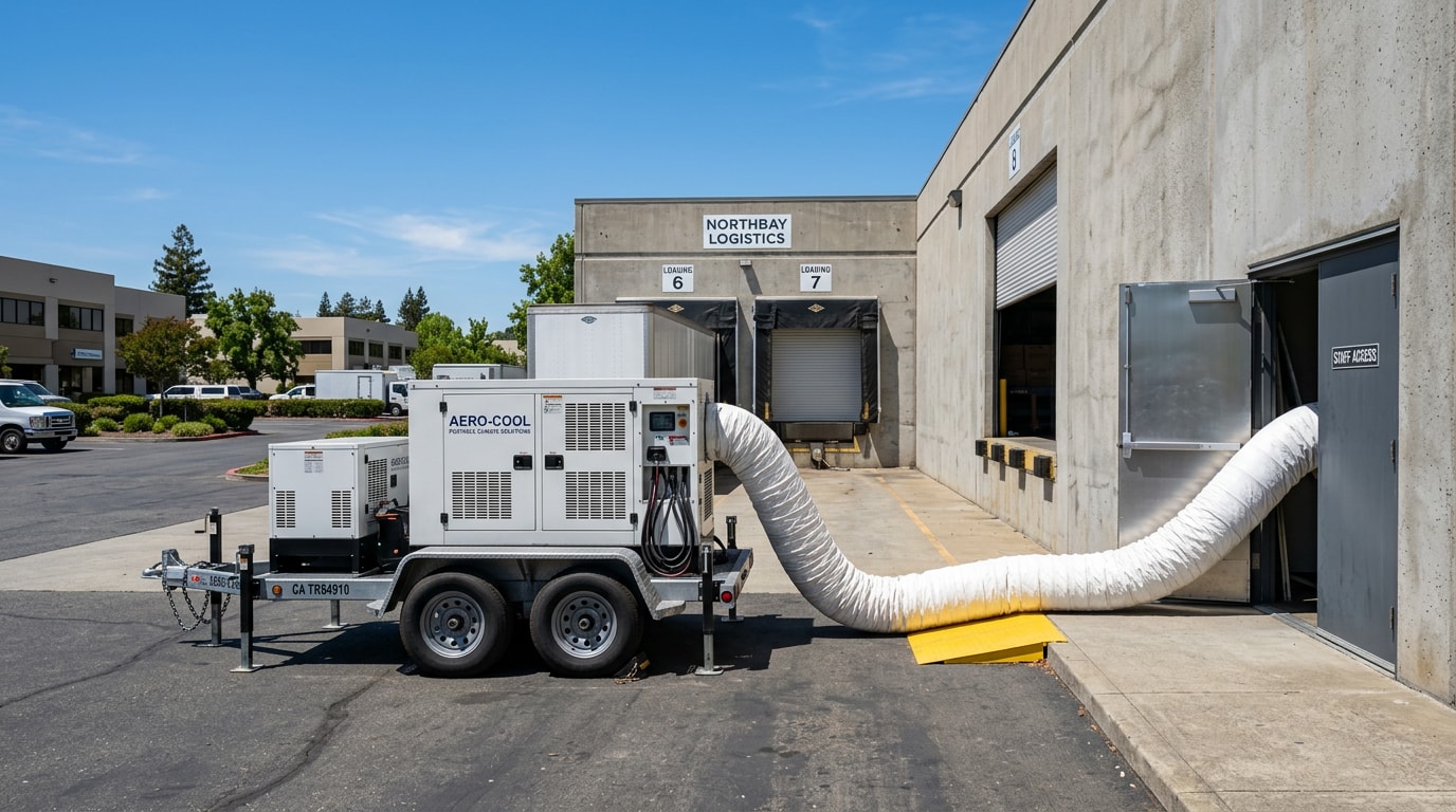 Trailer-mounted temporary air conditioning unit set up outside a Milpitas commercial building Trailer-mounted temporary air conditioning unit set up outside a Milpitas commercial building
