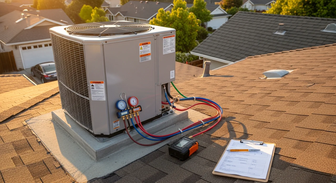 A new outdoor AC condenser unit installed beside a single-family home in Santa Clara, CA, with clear side-yard clearance and clean electrical connections. A technician from Made Simple Heating & Air, Inc. checks the system controls at startup.