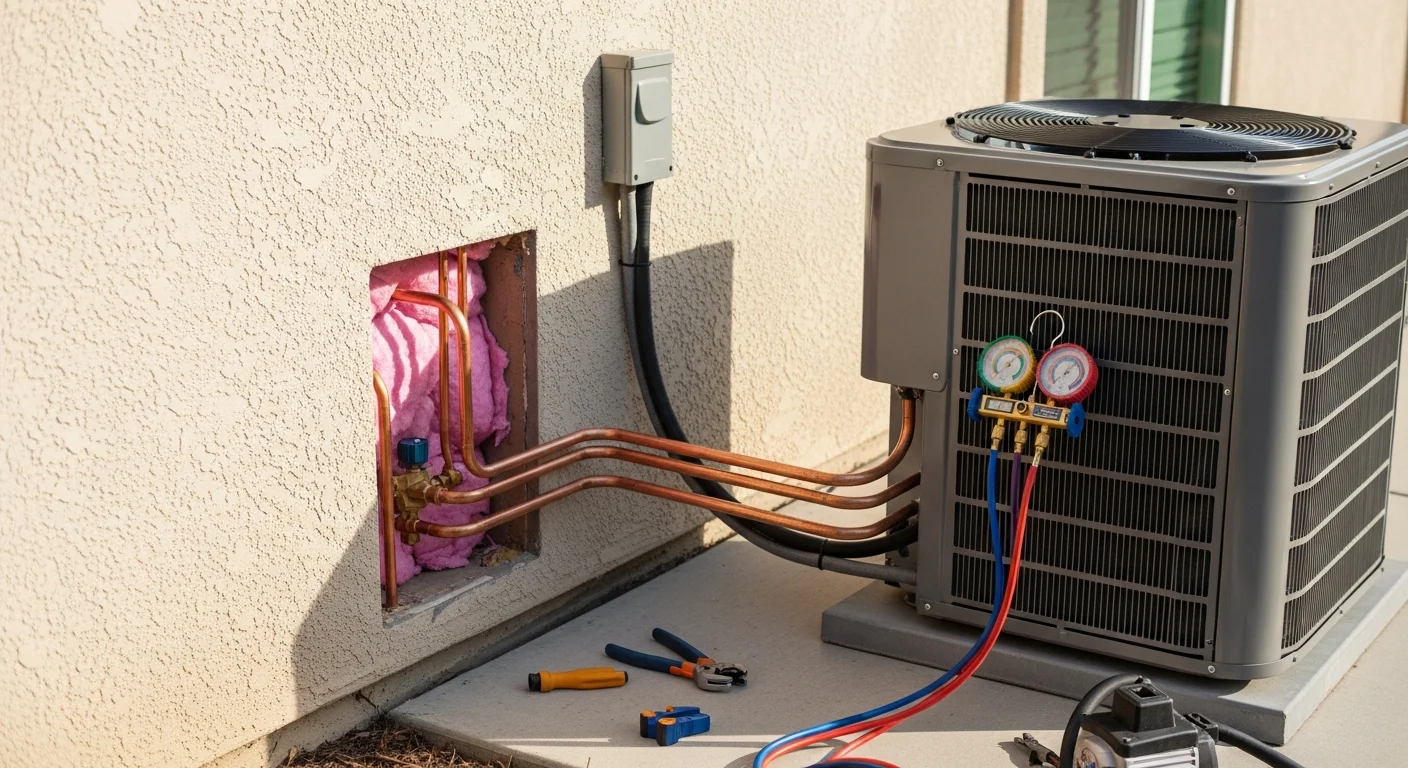 A newly installed central air conditioning unit mounted on a concrete pad beside a single-family home in Santa Clara, California. The outdoor condenser unit sits against a stucco exterior wall with clear refrigerant lines running into the home.