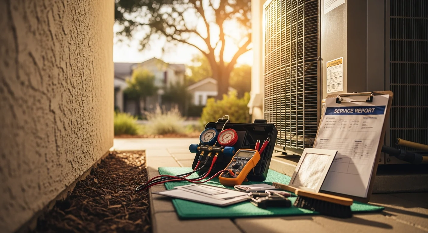 A Made Simple Heating & Air, Inc. technician inspecting and cleaning the condenser coils of a central air conditioning unit at a residential property in Santa Clara, California. The outdoor unit sits beside a single-family home during a clear summer day.