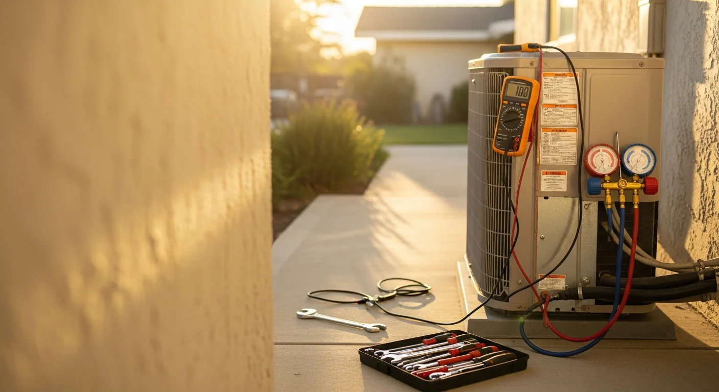 A technician from Made Simple Heating & Air, Inc. inspecting an outdoor AC condenser unit at a single-family home in Santa Clara, CA. The image shows the technician checking internal components on a sunny day with a residential street visible in the background.