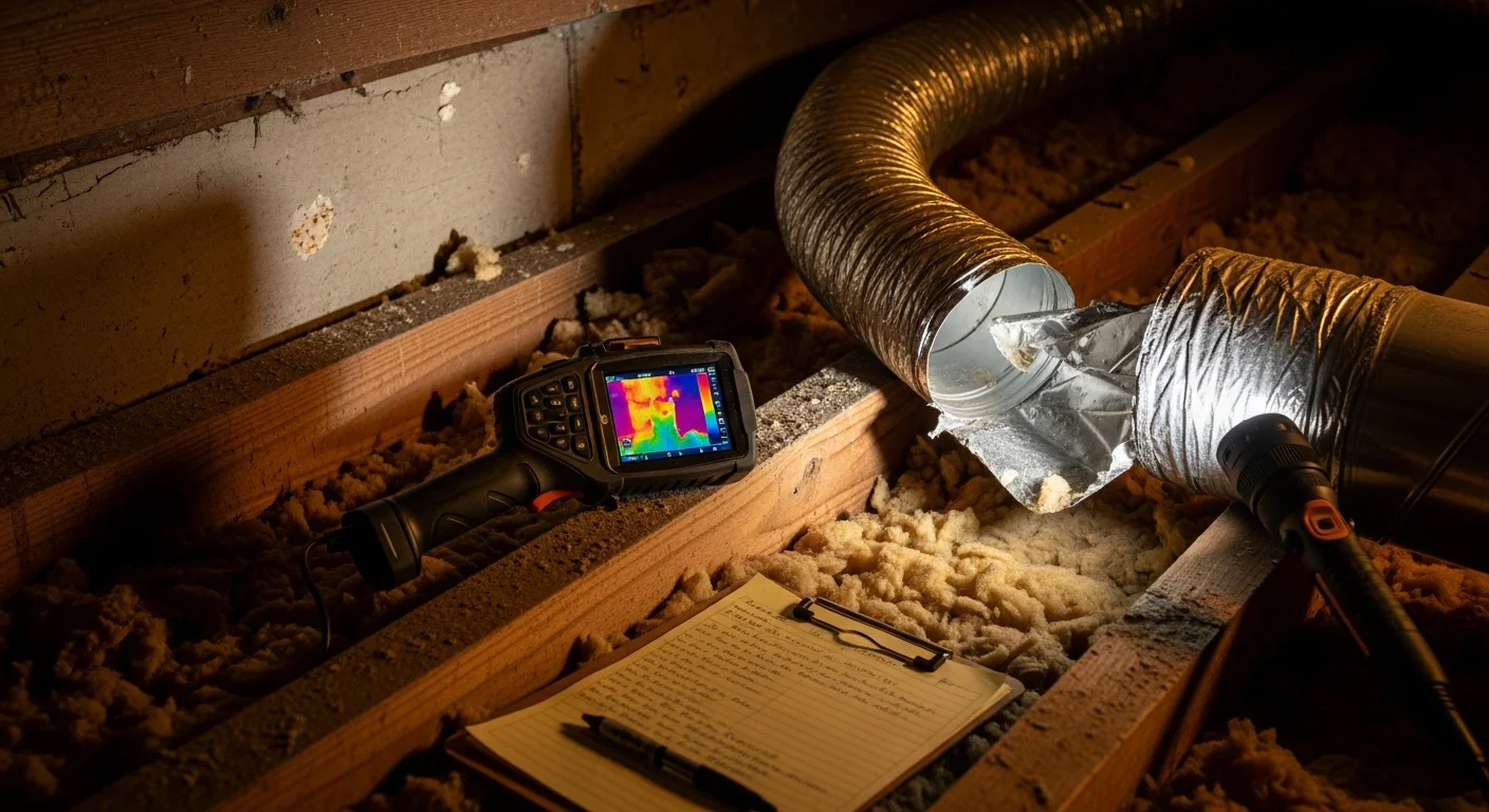 A technician from Made Simple Heating & Air, Inc. inspecting exposed residential ductwork in a Santa Clara home, checking joints and seals for leaks and damage. The image shows accessible duct sections in an attic space typical of mid-century construction found throughout Santa Clara.
