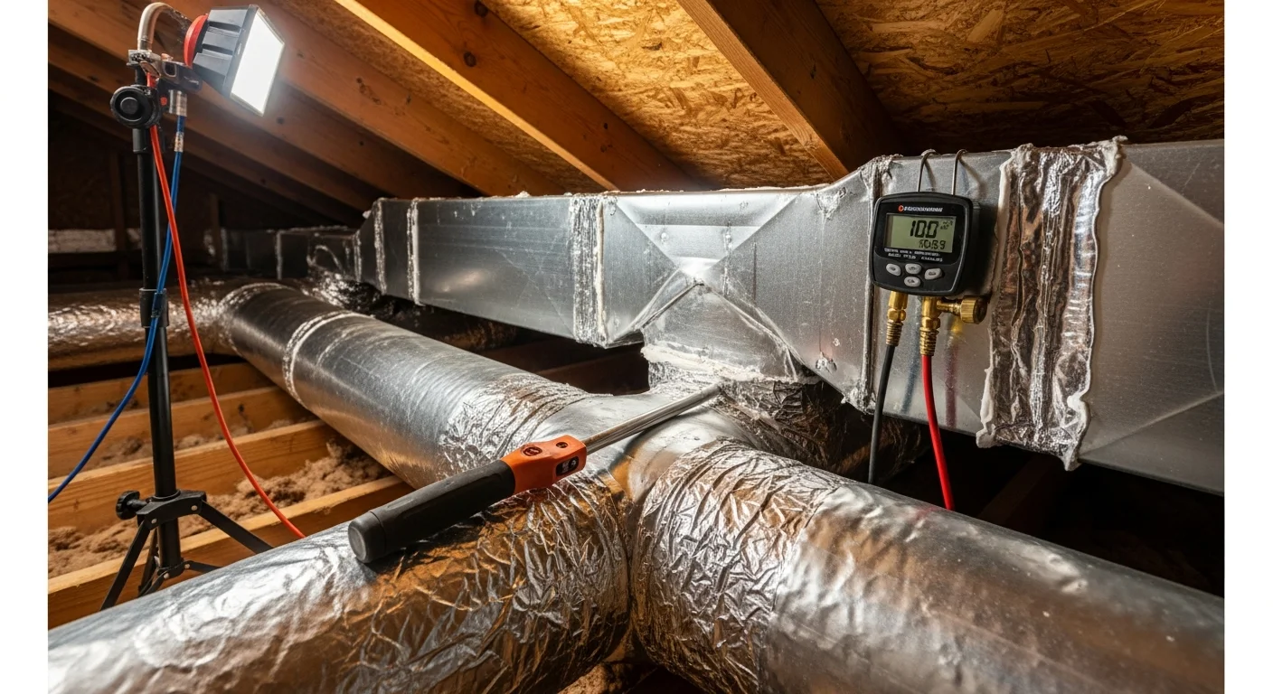 A ductwork contractor sealing joints and connections in the attic ductwork of a residential home in Santa Clara. Sealed duct runs show fresh mastic application at connection points above the living space.