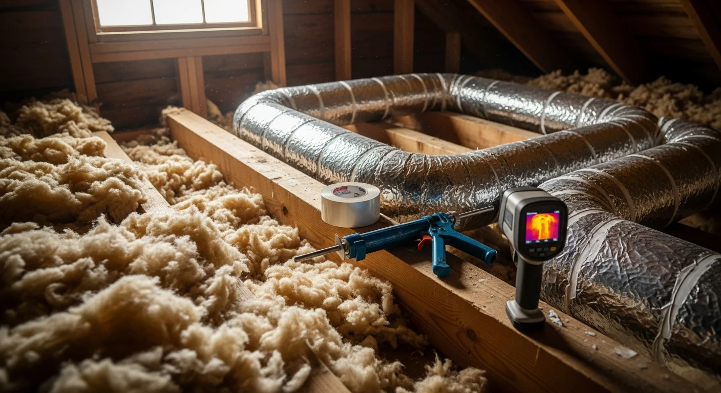 A technician from Made Simple Heating & Air, Inc. sealing a leaking duct joint inside the attic of a single-family home in Santa Clara, California. The image shows exposed flex duct runs with visible repair work in progress against the attic framing.